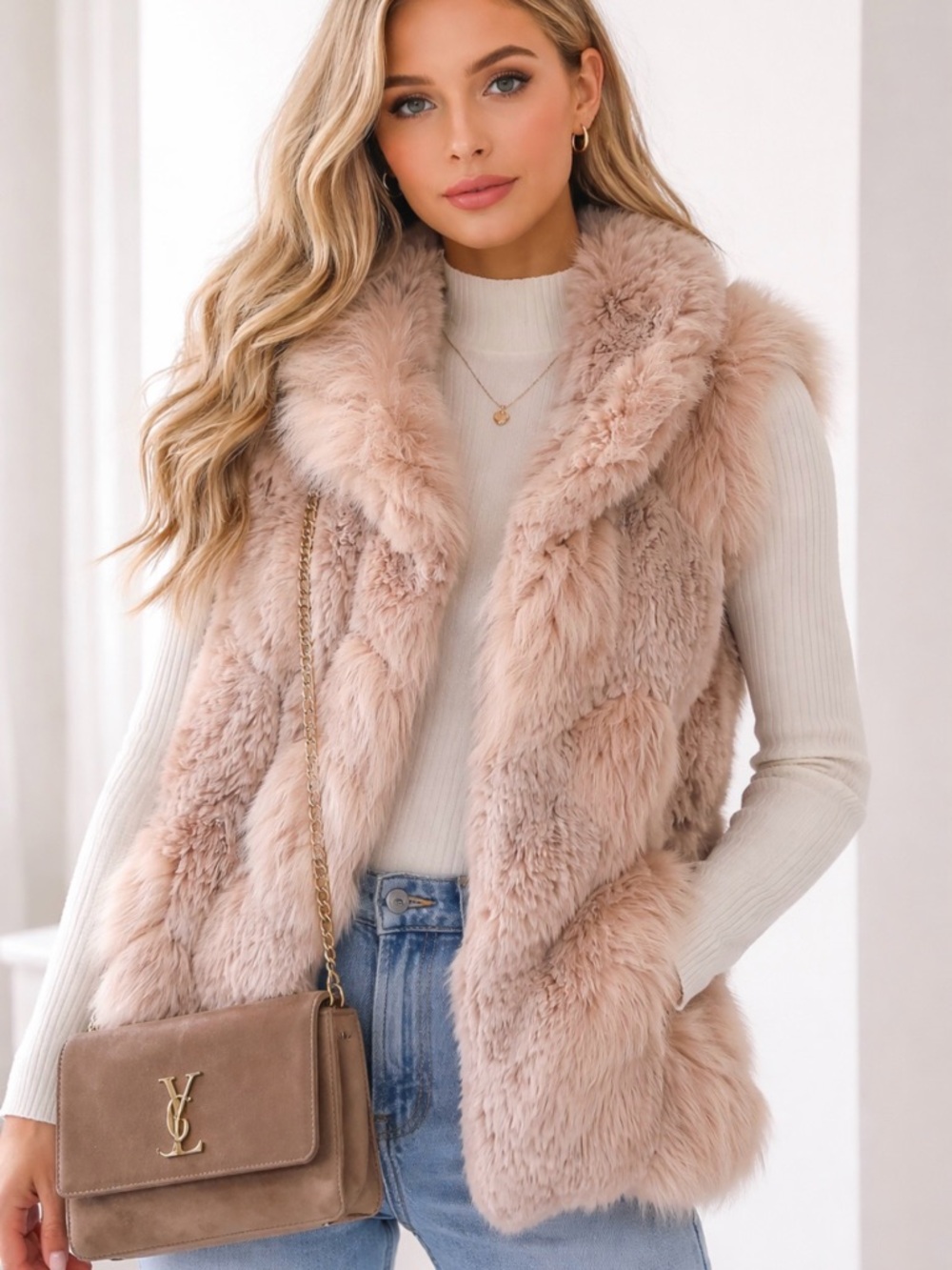 Faux Fur Peach Plush Knit- Sweater Vest Women's Jacket with Removable Sleeves